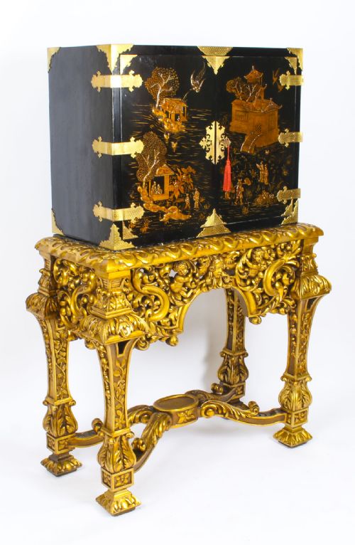Antique Chinoiserie Lacquer Cabinet Giltwood Stand Fitted Interior C1900
