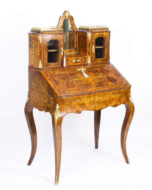 Antique Victorian Burr Walnut Marquetry & Ormolu Bonheur De Jour Bureau 19th C
