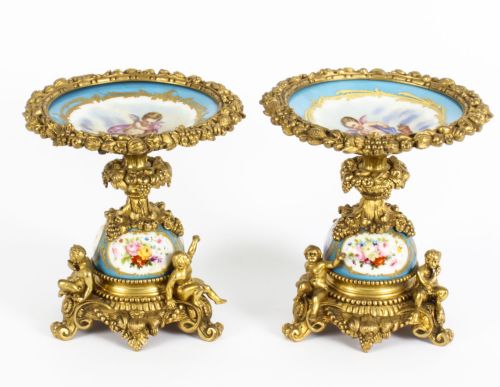 Antique Pair French Ormolu & Sevres Bleu Celeste Tazza's 19 Century
