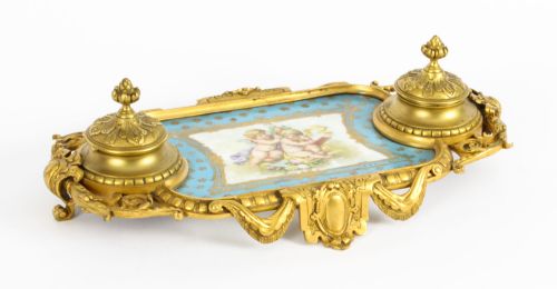 Antique French Ormolu & Sevres Porcelain Standish Inkstand 19th Century
