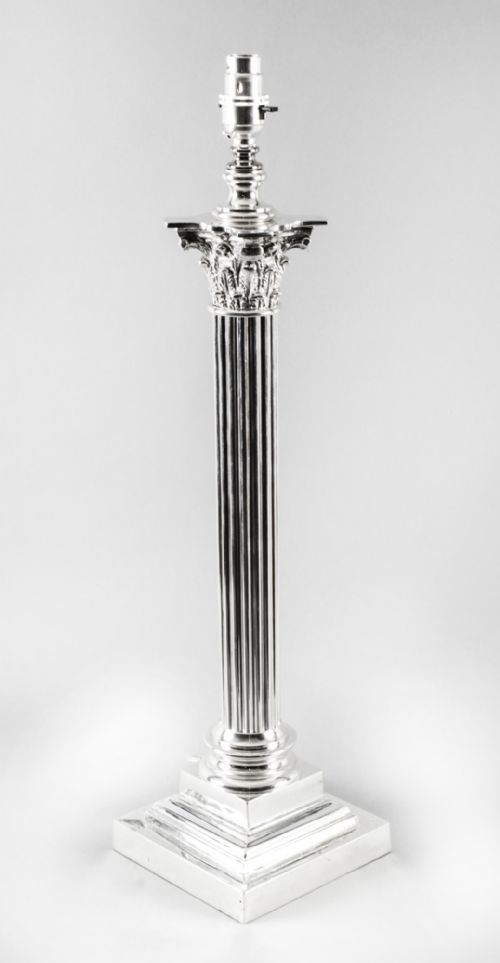 Antique Large Victorian Silver Plated Corinthian Column Table Lamp 19th C
