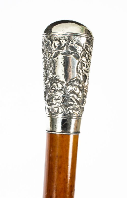 Antique Walking Stick Cane with Sterling Silver Pommel and Band 19th Century
