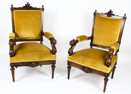 Antique Pair English Sculptural Victorian Walnut Armchairs 19th C
