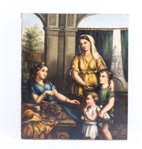 Antique Oil Painting 'Cornelia and Her Jewels' C.1860
