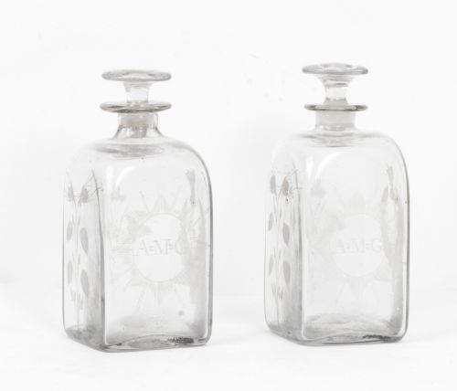 Antique Pair of Etched Glass Decanters Thistles C.1900
