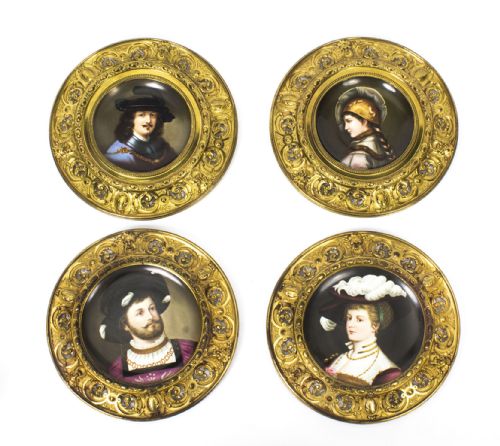 Antique Set 4 Dresden Porcelain Ormolu Mounted Wall Plaques
