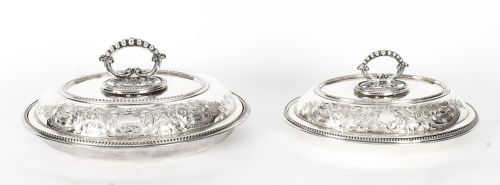 Antique Pair Engraved Entree Dishes Oval Tureens & Covers Late 19th Century
