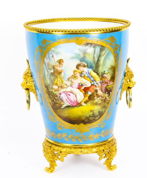 Antique Huge Ormolu Mounted Bleu Celeste Sevres Porcelain Jardiniere 19th C
