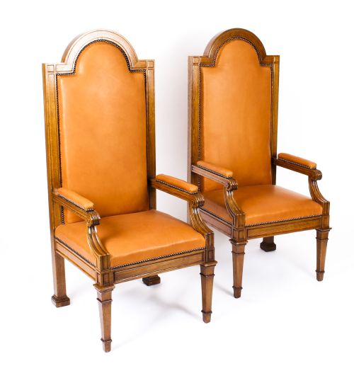 Antique Pair of Victorian Oak & Leather High Back Throne Chairs Ca 1870 19th C
