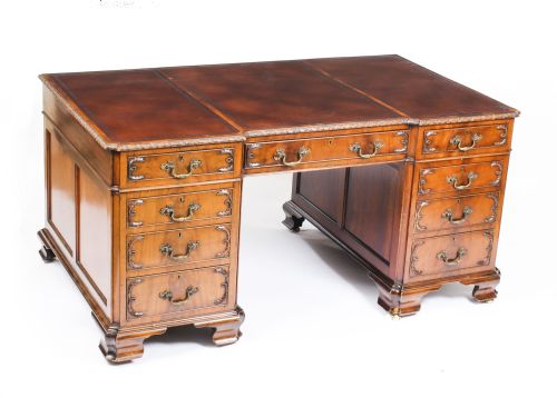 Antique Flame Mahogany Partners Pedestal Desk George III Revival 19th C
