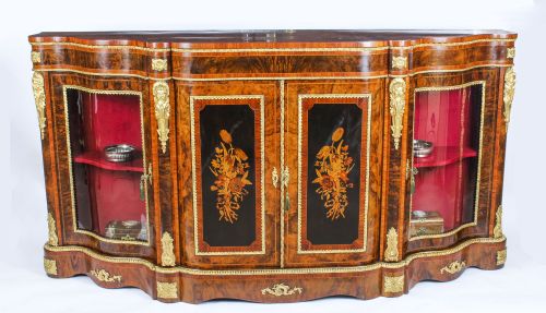 ANTIQUE VICTORIAN BURR WALNUT MARQUETRY SERPENTINE CREDENZA C1860 19TH C - ADDITIONAL PHOTO 1