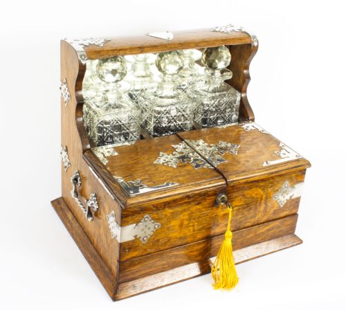 Antique English Victorian Oak Three Crystal Decanter Tantalus Dry Bar 19th C
