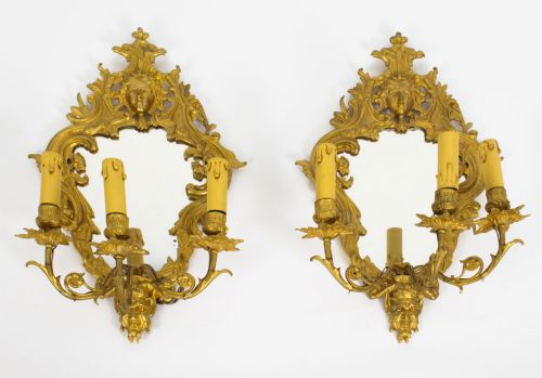 Antique Pair Ormolu 3 Light Girandoles Wall Lights 19th Century
