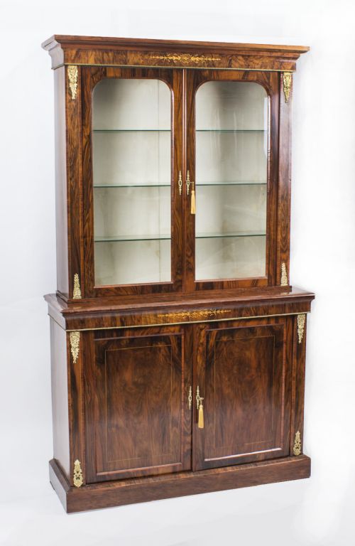 Antique Burr Walnut & Inlaid Bookcase Display Cabinet C.1860
