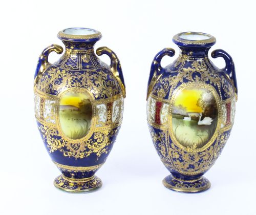 Antique Pair Taisho Period Noritake Hand Painted Porcelain Vases C1920
