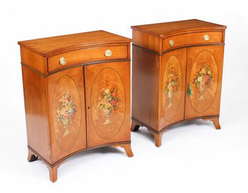 Antique Pair Adam Revival Satinwood Side Cabinets Commodes 19th C
