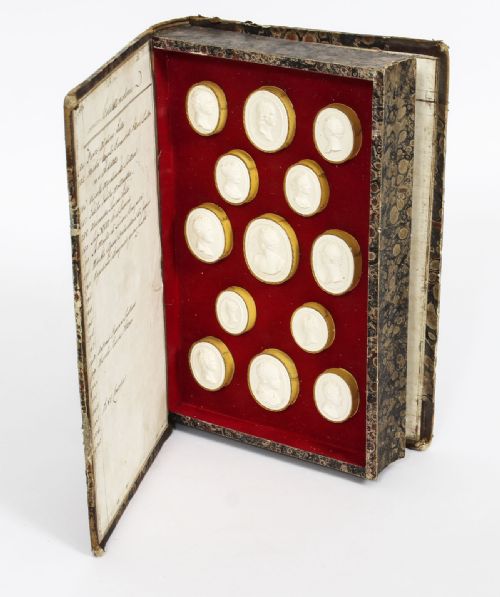 Antique Set 28 Book Framed Plaster Grand Tour Intaglios Portraits 19th C
