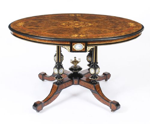 Antique Victorian Marquetry Library / Centre Table Jasperware Plaques, 19th C
