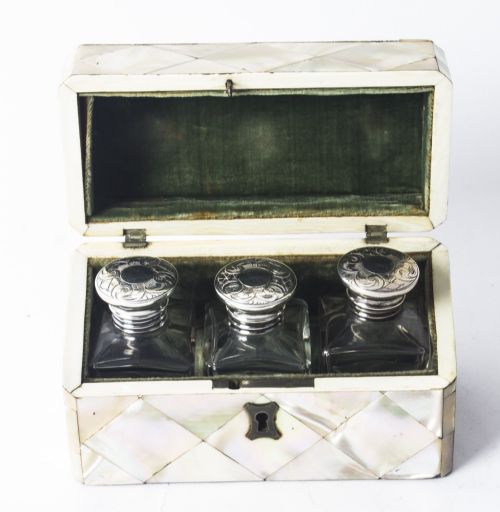 Antique Victorian Mother of Pearl Cased Scent Bottles 19th C
