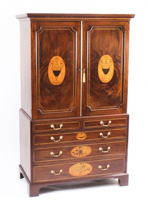 Antique George III Flame Mahogany Satinwood & Marquetry Linen Press 18th C
