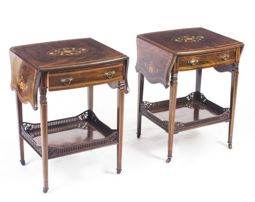 Antique Pair English Marquetry Inlaid Occasional Bedside Tables 19th C
