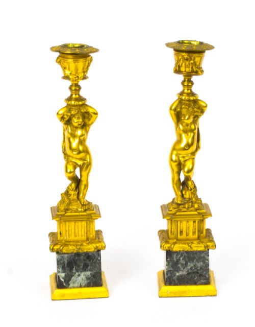 Antique Pair French Ormolu Cherub Candlesticks C.1870
