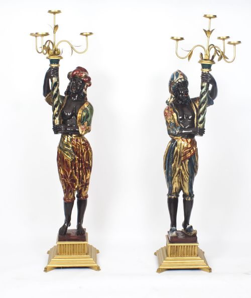 Antique Pair of Carved Wood Venetian Blackamoor Candelabras 19th C
