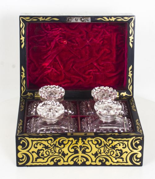 Antique French Ebonised Cut Brass Boulle Perfume Bottle Box C.1860

