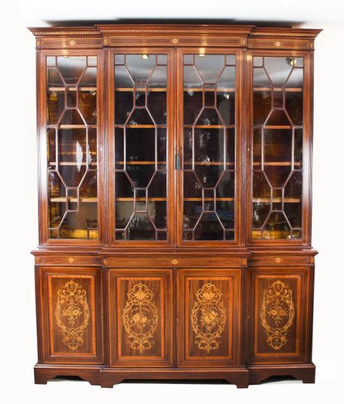 Antique Inlaid Four Door Breakfront Bookcase by Edwards & Roberts 19th C
