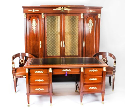 Antique French Second Empire Study Suite-bookcase Desk Pair Armchairs 19th C
