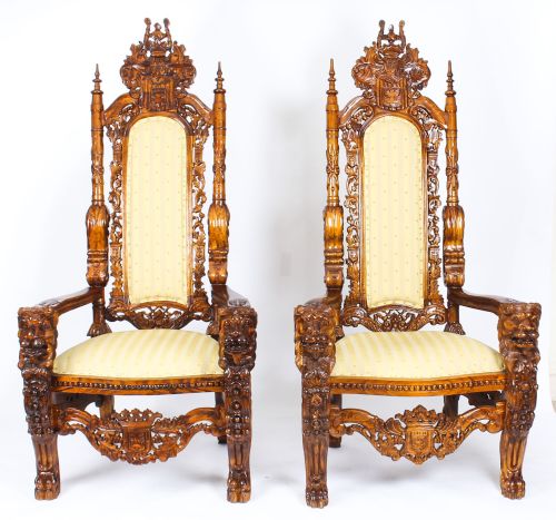 Monumental Pair of Carved Lions Heads Heraldry Throne Chairs Circa 1900.
