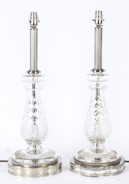 Antique Art Deco Pair Cut Glass & Silver Plate Table Lamps Circa 1930

