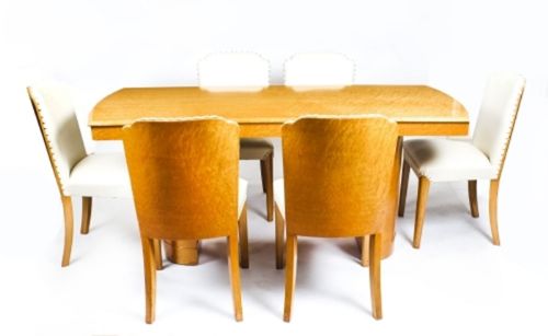 Antique Art Deco Birdseye Maple Dining Table & 6 Chairs C1930
