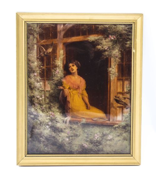 Antique Victorian Crystoleum Picture Painting of a Lady by a Window 19th C
