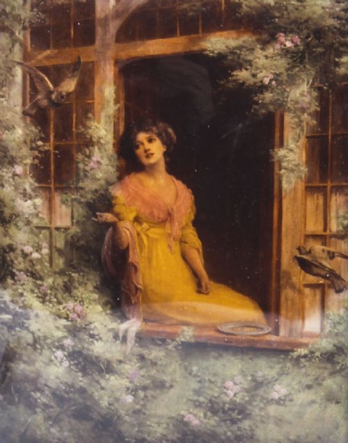 fig 1. Antique Victorian Crystoleum Picture Painting of a Lady by a Window 19th C
