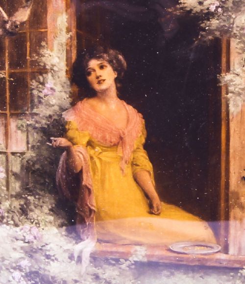 fig 2. Antique Victorian Crystoleum Picture Painting of a Lady by a Window 19th C
