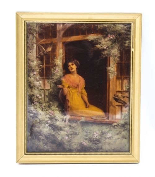 fig 4. Antique Victorian Crystoleum Picture Painting of a Lady by a Window 19th C
