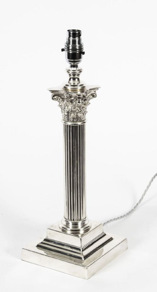 Antique Victorian Silver Plated Doric Column Table Lamp C.1880 19th C
