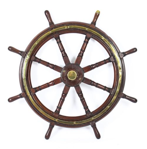 Antique 4ft Diam Teak and Brass Set 8-Spoke Ships Wheel C 1880 19th Century
