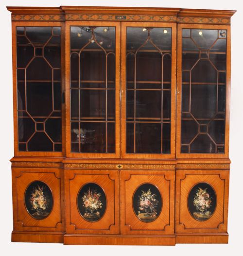 Antique English Sheraton Revival Satinwood Breakfront Bookcase 19th C
