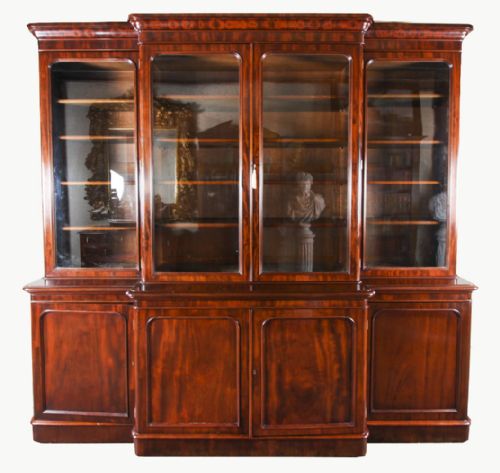 Antique English Flame Mahogany Library Breakfront Bookcase 19th C
