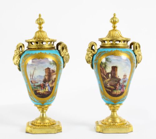 Antique Pair Bleu Celeste Sevres Porcelain Gilt Bronze Lidded Urns 19th C
