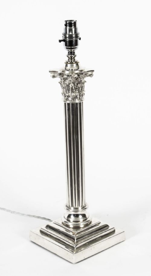 Antique Victorian Silver Plated Corinthian Column Table Lamp C.1880 19th C
