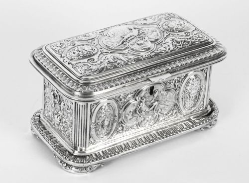 Antique Large French Silver on Copper Casket 19thc
