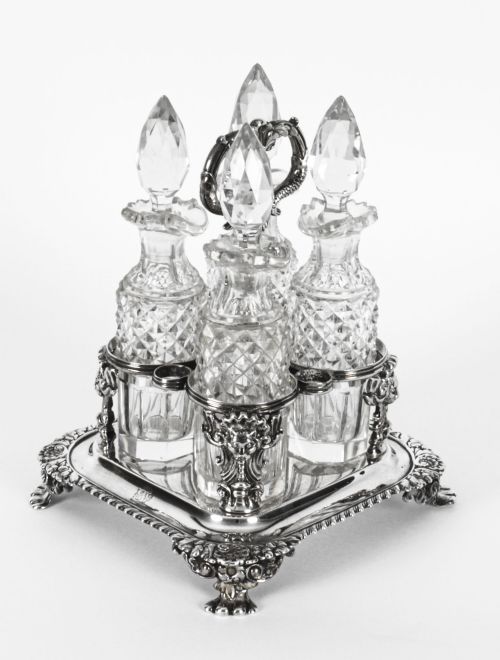 Antique English Regency Sterling Silver Four Bottle Cruet Paul Storr 1820 19th C
