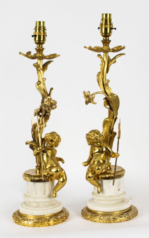 Antique Pair French Gilt Bronze and Alabaster Table Lamps Circa 1910
