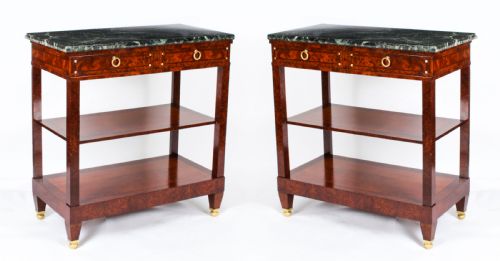 Antique Pair French Burr Walnut Empire Pier Cabinets / Serving Tables 19th C
