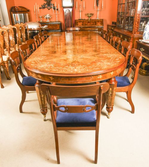 fig 1. 14 Antique Dining Chairs & Matching Handmade Marquetry Burr Walnut Dining Table