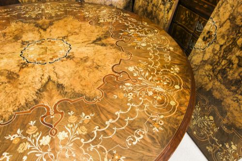 fig 12. 14 Antique Dining Chairs & Matching Handmade Marquetry Burr Walnut Dining Table