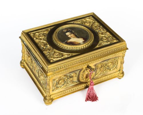 Antique French Palais Royale Gilded Bronze Jewellery Casket, C 1820 19th C
